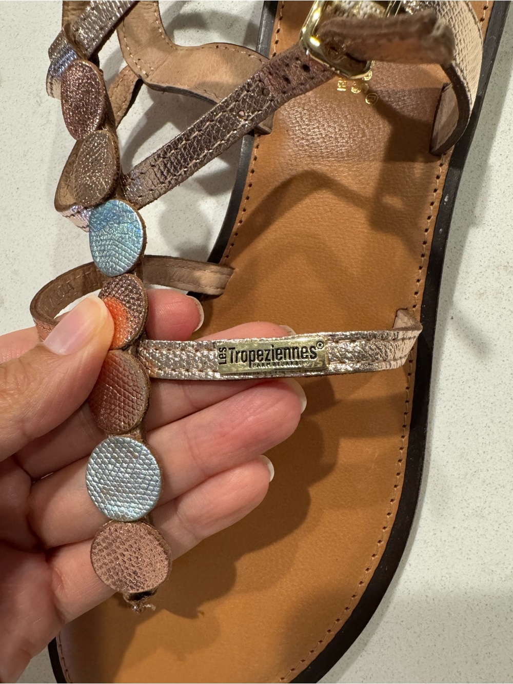 Tropeziennes size 39Women’s Metallic Gold T-Strap Sandals - Picture 6 of 11